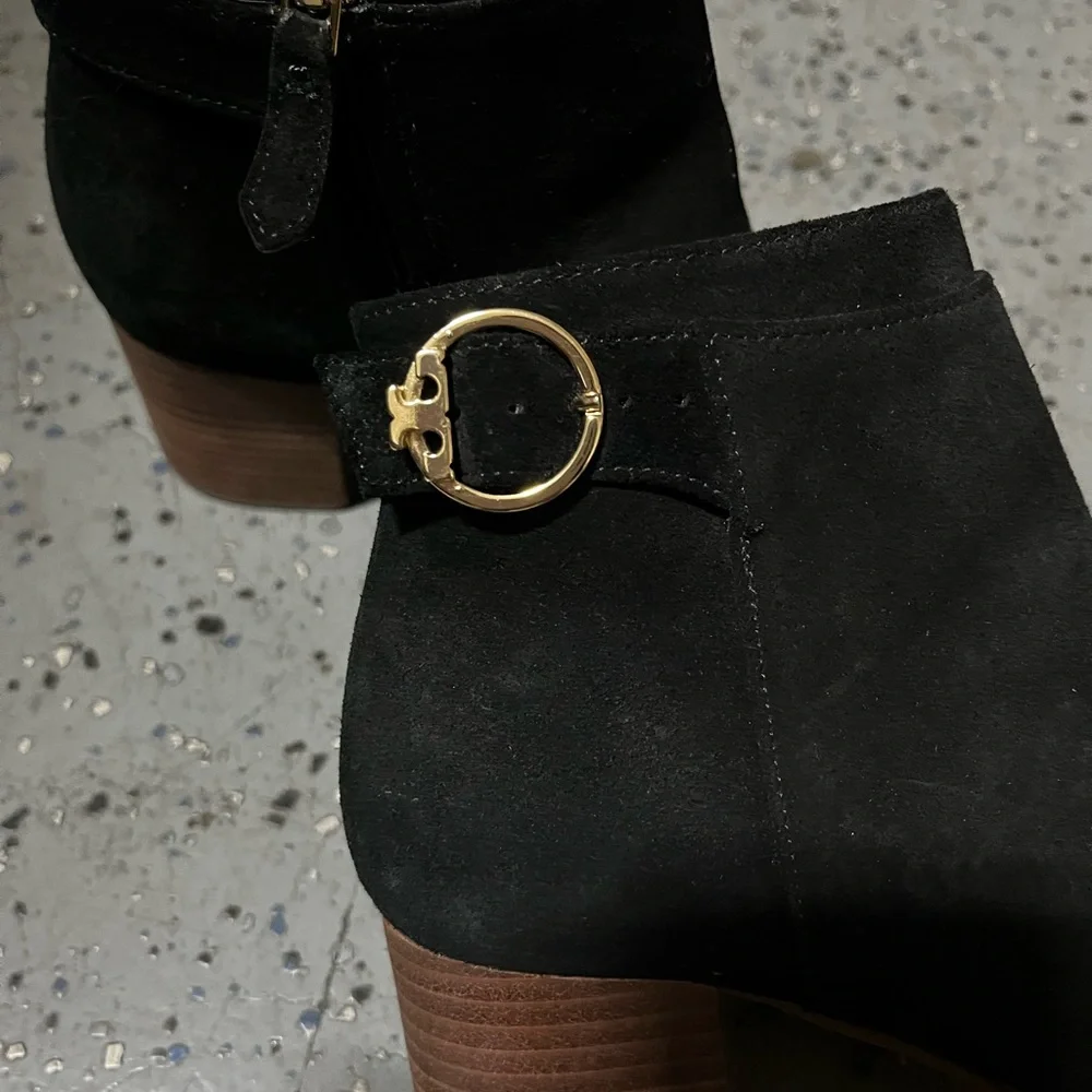 Tory Burch Black Suede Ankle Boots with Gold Accent - Picture 1 of 7